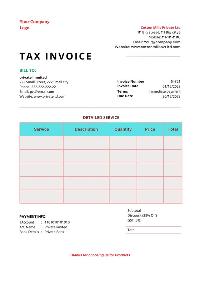 Business tax invoice template